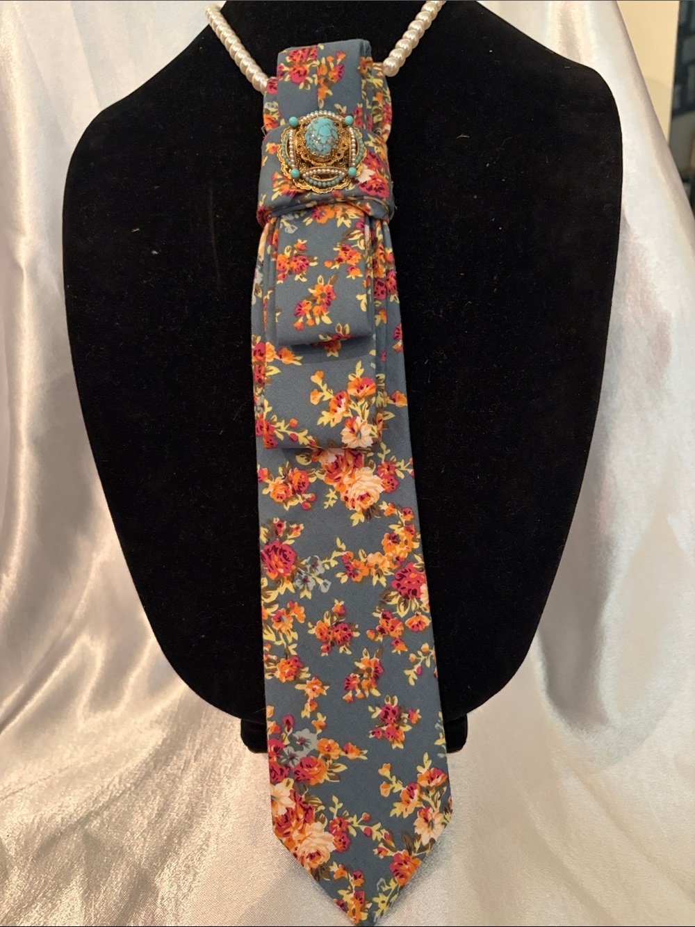 Floral Scarf Necklace in Teal and Rose